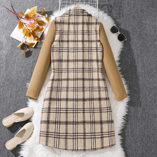 Children's clothing autumn and winter checkered vest jacket knitted long sleeved dress set