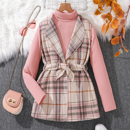 New girls' suit vest, suit jacket+high neck pit stripe long sleeved T-shirt