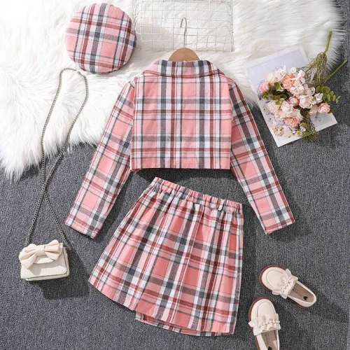 Girls' plaid suit long sleeved jacket+skirt+hat