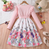 Long sleeved pit striped flower butterfly print dress