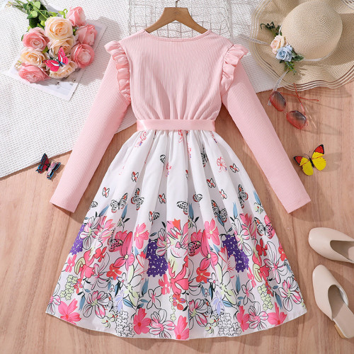 Long sleeved pit striped flower butterfly print dress