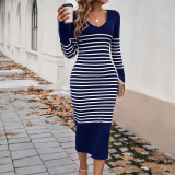 Temperament slim fit V-neck contrasting striped sweater dress