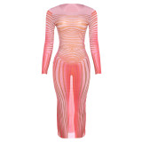 Round neck pullover striped mesh print perspective sexy slim fit hip hugging dress