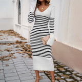 Temperament slim fit V-neck contrasting striped sweater dress