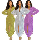 TD2301 long sleeved striped printed skirt loose casual long dress