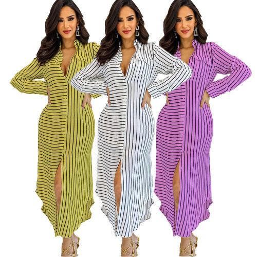TD2301 long sleeved striped printed skirt loose casual long dress