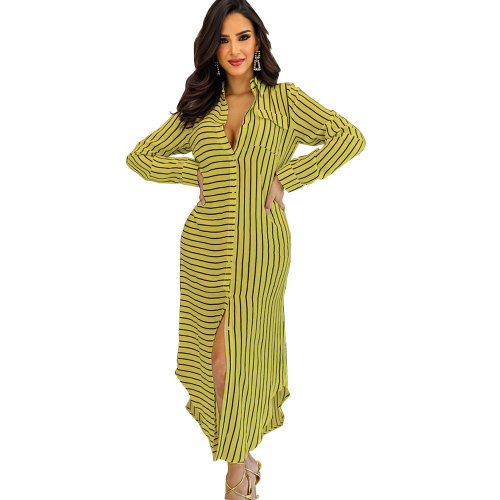 TD2301 long sleeved striped printed skirt loose casual long dress