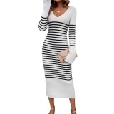 Temperament slim fit V-neck contrasting striped sweater dress