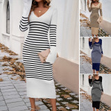 Temperament slim fit V-neck contrasting striped sweater dress