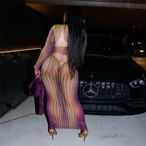 Round neck pullover striped mesh print perspective sexy slim fit hip hugging dress