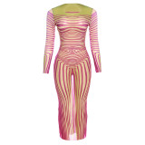 Round neck pullover striped mesh print perspective sexy slim fit hip hugging dress