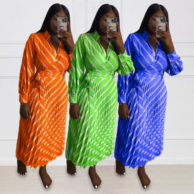 10271 striped polo shirt pleated waist long dress