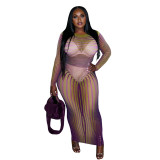 Round neck pullover striped mesh print perspective sexy slim fit hip hugging dress
