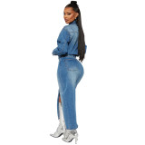 3566 long sleeved denim windbreaker jacket cardigan denim cape dress