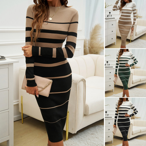 Women's temperament slim fit contrasting long sleeved dress