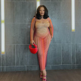 Round neck pullover striped mesh print perspective sexy slim fit hip hugging dress