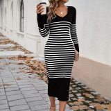 Temperament slim fit V-neck contrasting striped sweater dress