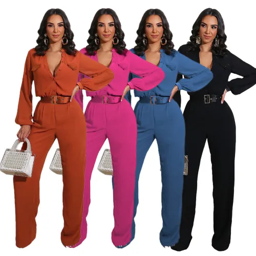 H190 casual loose fit women's slim fit solid color long sleeved jumpsuit