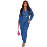 6971 sexy suit collar denim jumpsuit