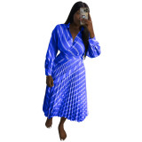 10271 striped polo shirt pleated waist long dress
