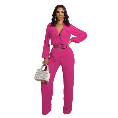 H190 casual loose fit women's slim fit solid color long sleeved jumpsuit