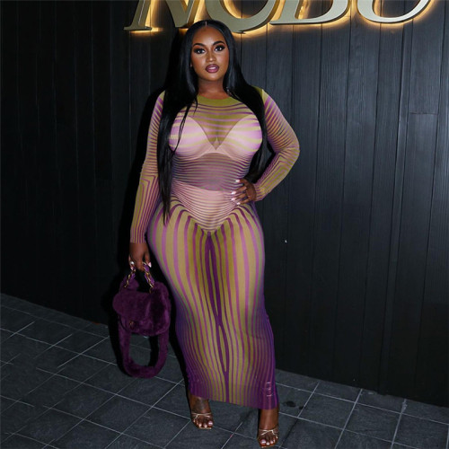 Round neck pullover striped mesh print perspective sexy slim fit hip hugging dress