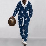Technology plaid printed oversized shoulder down men's knitted long pants long sleeved set
