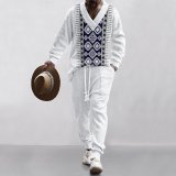 Technology plaid printed oversized shoulder down men's knitted long pants long sleeved set