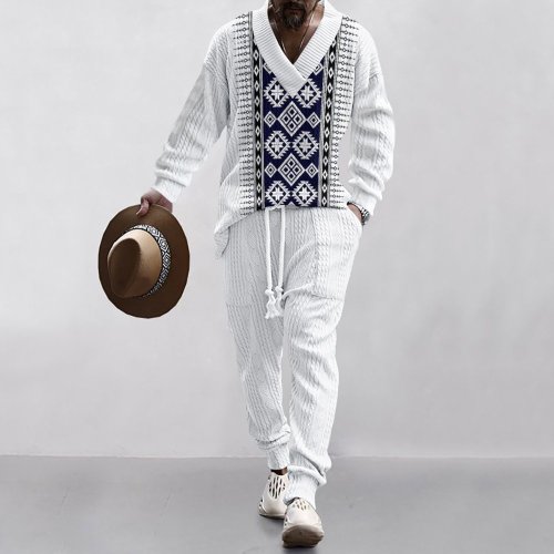Technology plaid printed oversized shoulder down men's knitted long pants long sleeved set