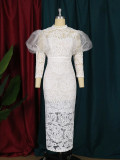 AM220540 lace see through bubble sleeves, seven quarter sleeves, slim fit party dress, women's party dress