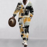 Technology plaid printed oversized shoulder down men's knitted long pants long sleeved set