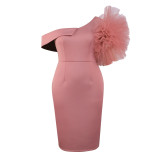 AM030328 One Shoulder Mesh Dress with Stylish Appearance for Banquet and Party