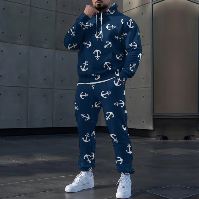 3D printed long sleeved hooded pullover loose hoodie set