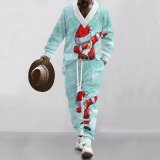 Technology plaid printed oversized shoulder down men's knitted long pants long sleeved set