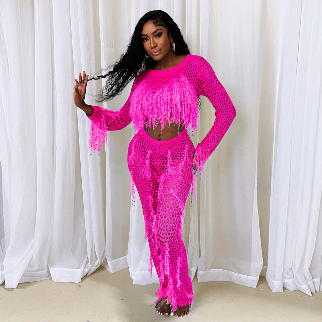 Sexy faux mink fur handmade tassel knitted hollow one-piece jumpsuit