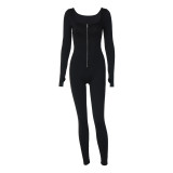 Sports solid color long sleeved one-piece pants, metal slimming zipper jumpsuit