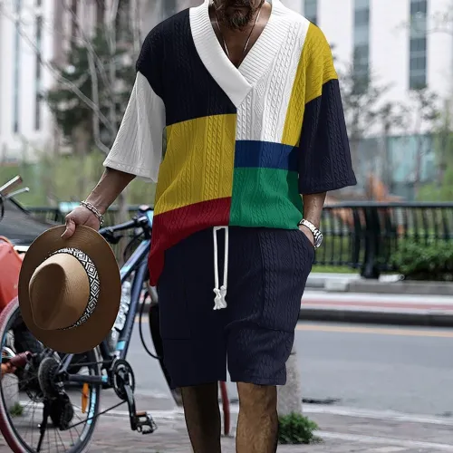 Men's V-neck loose shoulder top, shorts