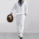 Casual pants+V-neck jacquard knit sweater