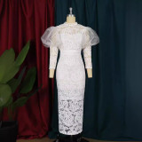 AM220540 lace see through bubble sleeves, seven quarter sleeves, slim fit party dress, women's party dress
