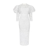 AM220540 lace see through bubble sleeves, seven quarter sleeves, slim fit party dress, women's party dress