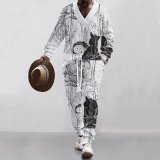 Technology plaid printed oversized shoulder down men's knitted long pants long sleeved set