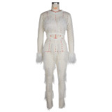 Sexy faux mink fur handmade tassel knitted hollow one-piece jumpsuit