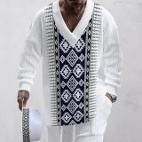 Technology plaid printed oversized shoulder down men's knitted long pants long sleeved set
