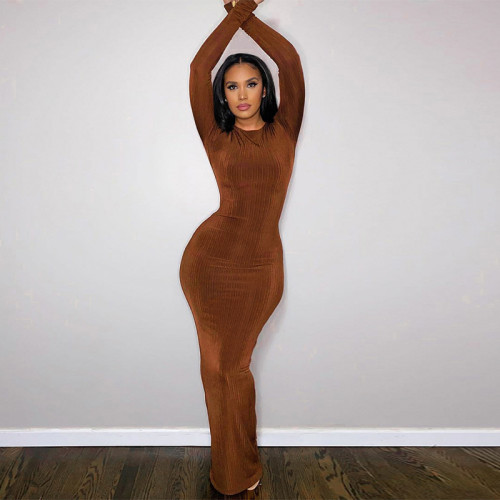 Solid color round neck long sleeved threaded long dress