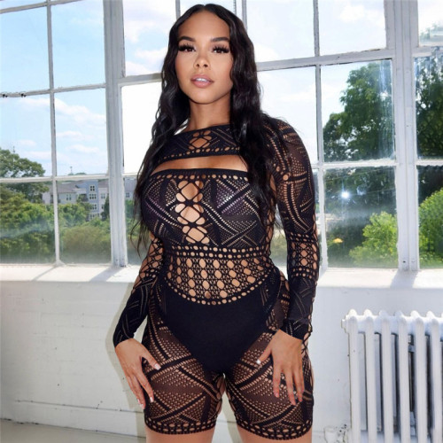 Sexy hollow lace see through high waisted tight knit jumpsuit shorts for women