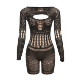 Sexy hollow lace see through high waisted tight knit jumpsuit shorts for women