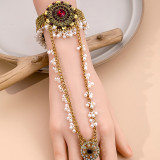 Bohemian tassel pearl round ring with diamond inlaid chain for women