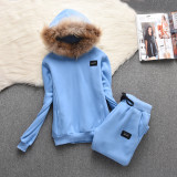 8933 Plush Thick Casual Set with Hooded and Hairy Collar Detachable Hoodie Two Piece Set