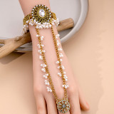Bohemian tassel pearl round ring with diamond inlaid chain for women