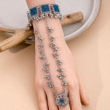 Bohemian tassel pearl round ring with diamond inlaid chain for women